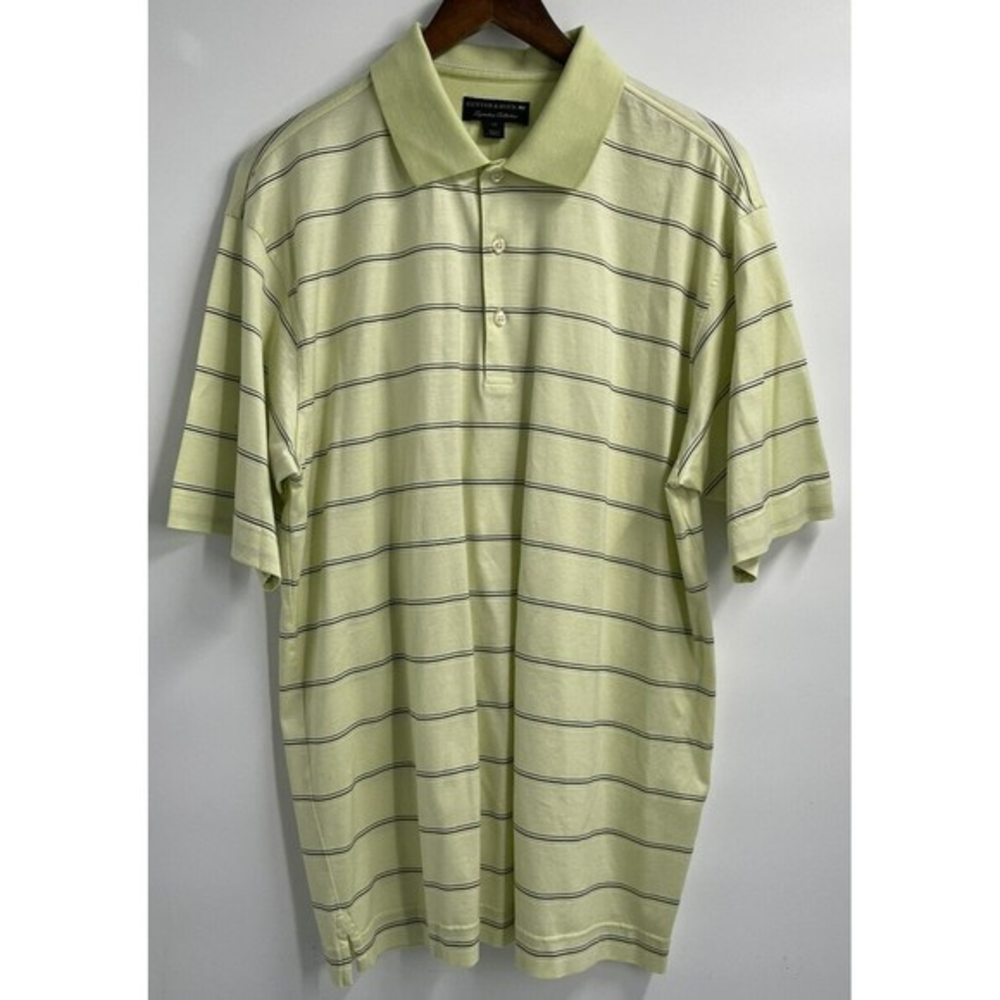 Cutter & Buck Large Polo Shirt Mens Lime Green Striped Mercerized Cotton Golf